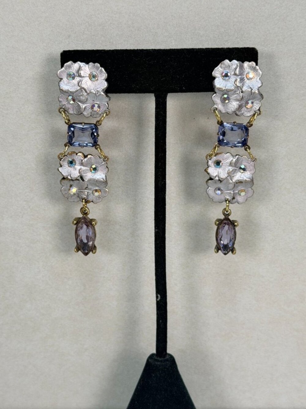 Vintage Banana Bob Lavender Floral Rhinestone Dangle Earrings USA
